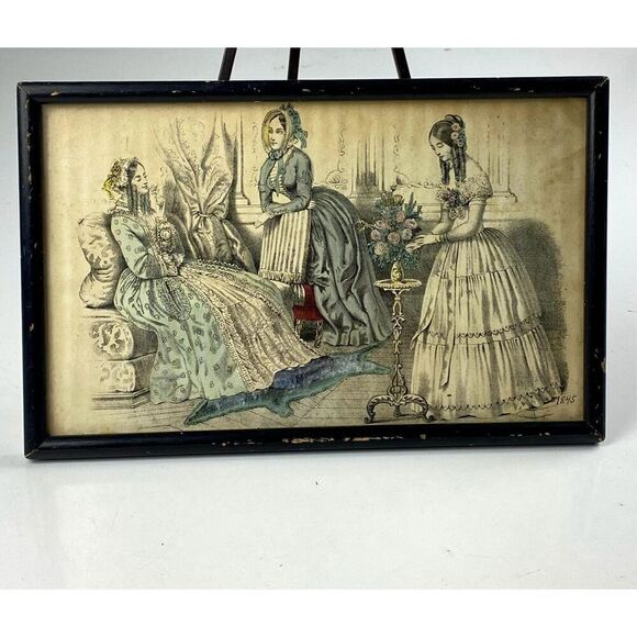 1845 Antique Victorian Ladies Framed Print 6.5in L x 10.5in W BQ1687 - Picture 1 of 8